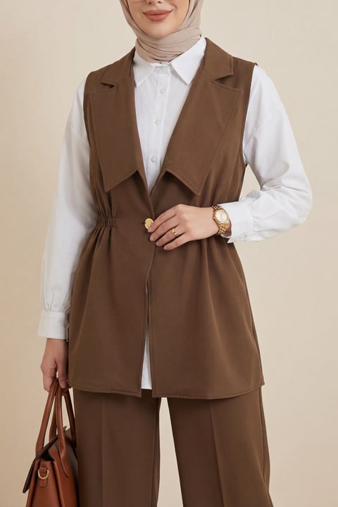 Kruvaze Yaka Beli Lastikli Yelek Pantolon Modal Takım -Kahve-Takım-398-22024-R15