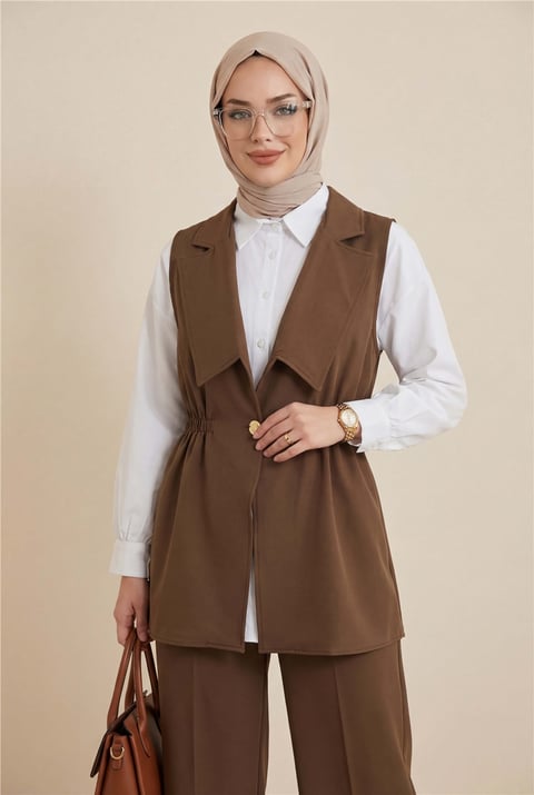 Kruvaze Yaka Beli Lastikli Yelek Pantolon Modal Takım -Kahve-Takım-398-22024-R15