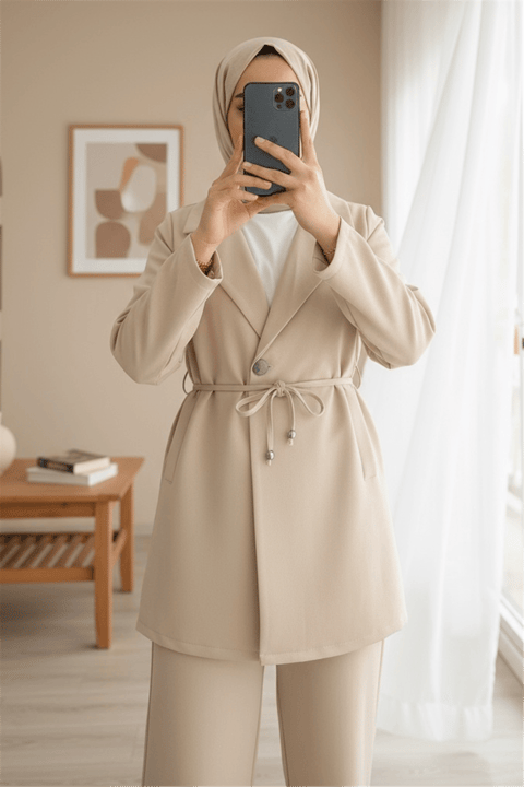 Kruvaze Yaka Çift Bağcıklı Ceket Pantolon Takım -Bej-Takım-386-6222-R56