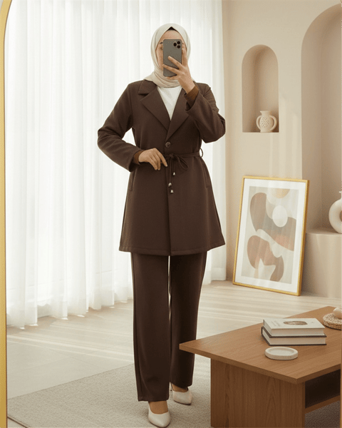 Kruvaze Yaka Çift Bağcıklı Ceket Pantolon Takım -Kahve-Takım-386-6222-R15