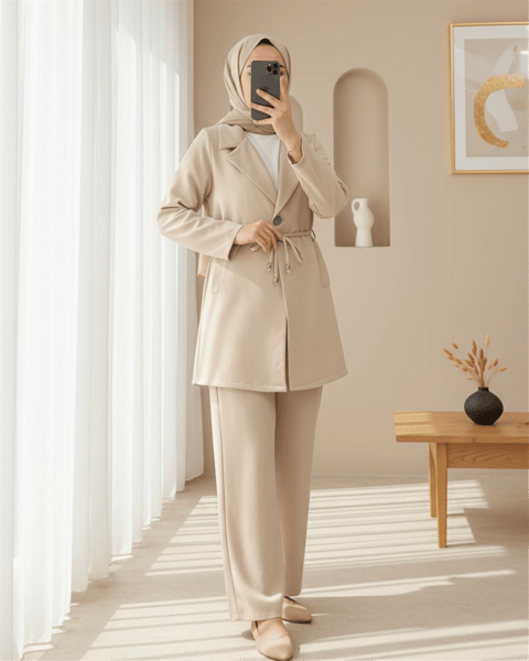 Kruvaze Yaka Çift Bağcıklı Ceket Pantolon Takım -Bej-Takım-386-6222-R56
