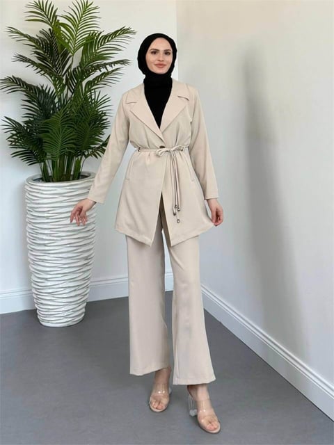 Kruvaze Yaka Çift Bağcıklı Ceket Pantolon Takım -Bej-Takım-386-6222-R56