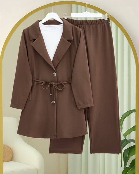 Kruvaze Yaka Çift Bağcıklı Ceket Pantolon Takım -Kahve-Takım-386-6222-R15