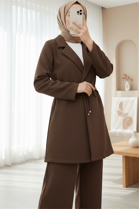 Kruvaze Yaka Çift Bağcıklı Ceket Pantolon Takım -Kahve-Takım-386-6222-R15