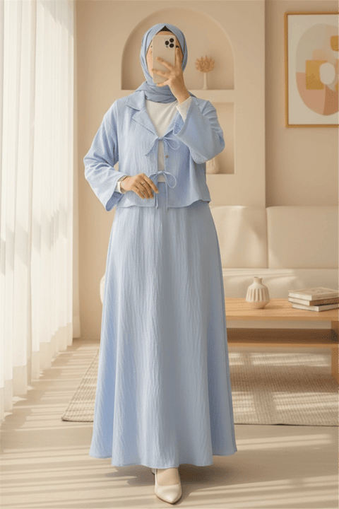 Kruvaze Yaka Çift Bağcıklı Etekli Takım -Bebe Mavi-Takım-398-4019-R32