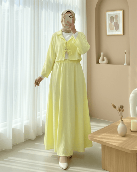 Kruvaze Yaka Çift Bağcıklı Etekli Takım -Açık Sarı-Takım-398-4019-R75