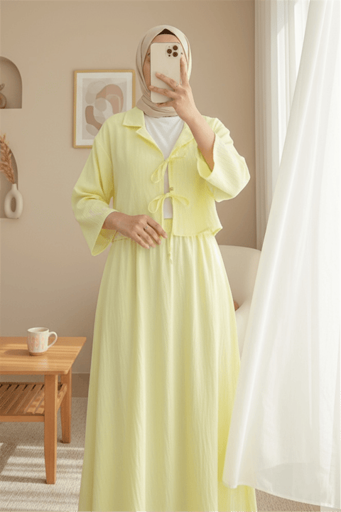 Kruvaze Yaka Çift Bağcıklı Etekli Takım -Açık Sarı-Takım-398-4019-R75