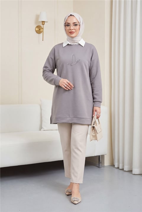Kuş Desenli Taşlı Oysho Tunik  -Açık Gri-Sweatshirt-104-1420-R41