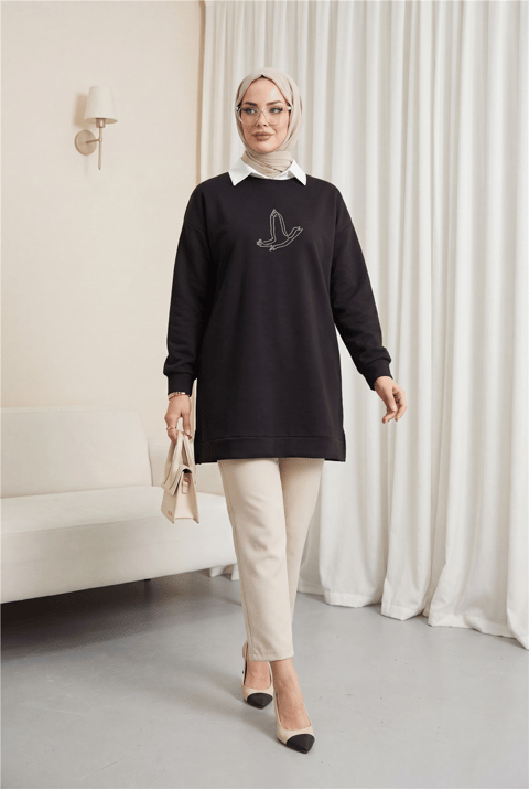 Kuş Desenli Taşlı Oysho Tunik  -Siyah-Sweatshirt-104-1420-R01