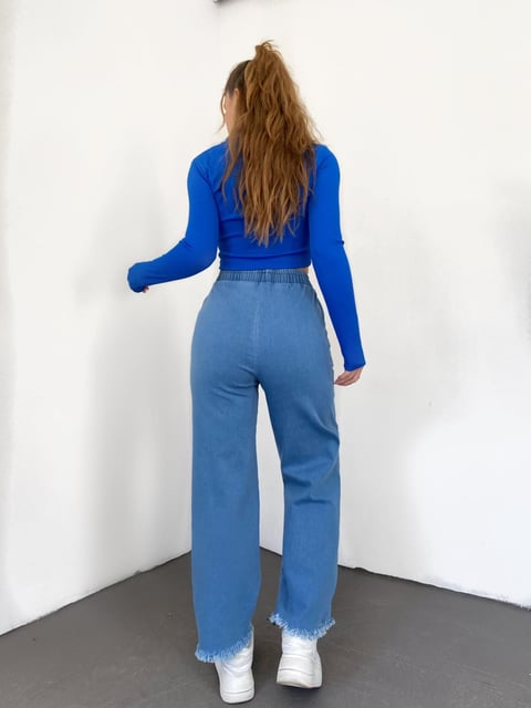 Kuşak Detaylı Paçası Püsküllü Kot Pantolon -Buz Mavi