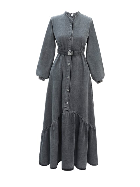 Lastik Kemerli Düğmeli Uzun Kot Elbise -Füme-Elbise-197-6135-R18