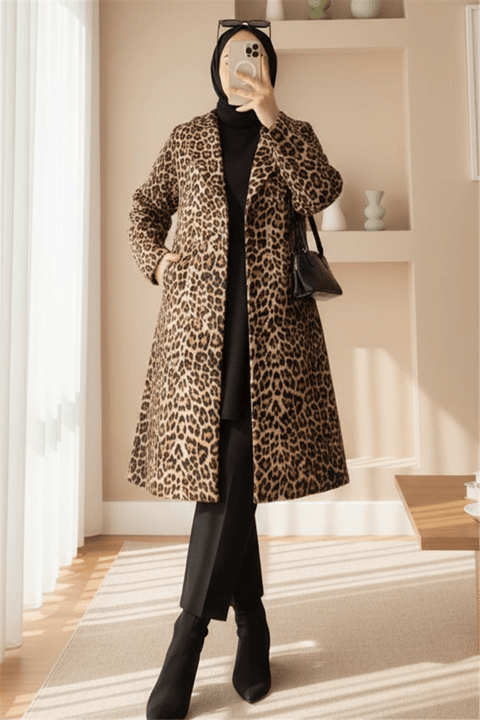 Leopar Desenli Kemerli Cepli Astarlı Kaşe Kap -Leopar-Trençkot-197-1318-R57