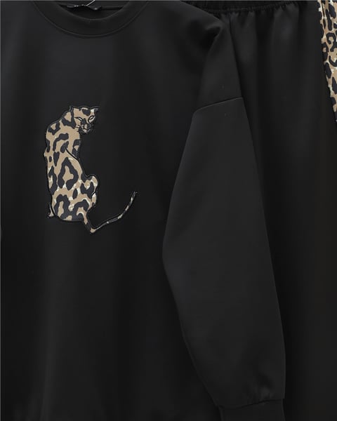 Leopar Figürlü Ve Desenli Pantolonlu Scuba Takım -Siyah-Takım-349-6002-R01