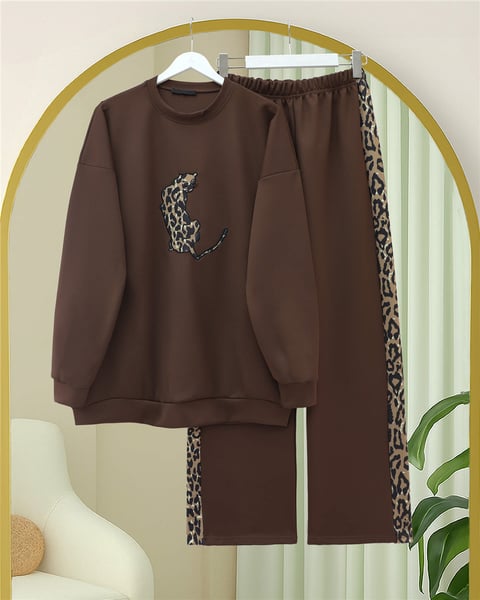Leopar Figürlü Ve Desenli Pantolonlu Scuba Takım -Kahve-Takım-349-6002-R15