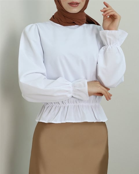 Manşeti Fırfırlı Beli Büzgülü Poplin Bluz -Beyaz-Bluz-349-5045-R02
