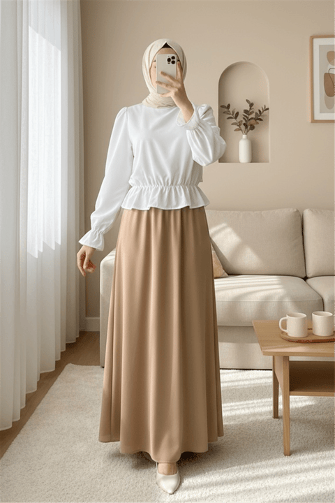 Manşeti Fırfırlı Beli Büzgülü Poplin Bluz -Beyaz-Bluz-349-5045-R02