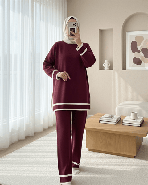 Manşetleri Şeritli İkili Triko Takım   -Bordo-Takım-384-317-R04