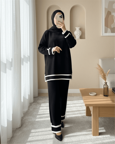 Manşetleri Şeritli İkili Triko Takım -Siyah-Triko Takım-384-317-R01