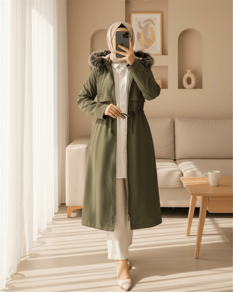 معطف طويل بغطاء للرأس مزين بنجمة معدنية - كاكي-Uzun Kaban-192-2139-R05