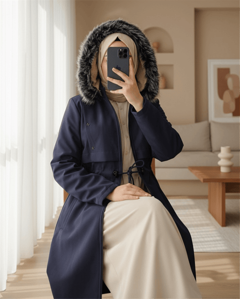 معطف طويل بغطاء للرأس مع تفاصيل نجمة معدنية - أزرق داكن-Uzun Kaban-192-2139-R03