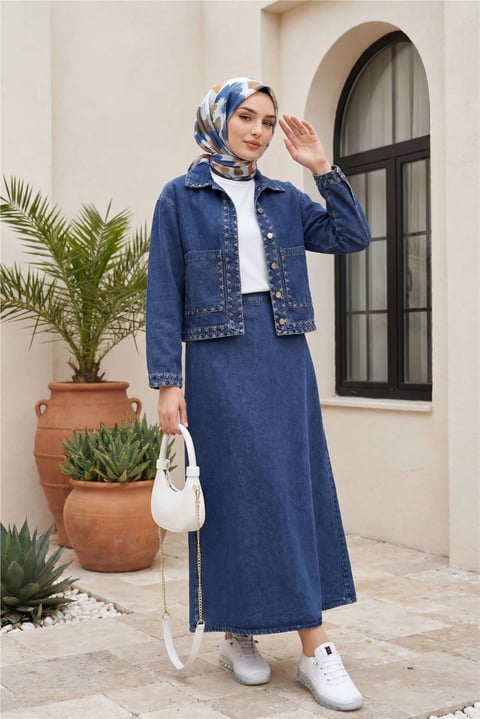 Nakış Detaylı Çift Cepli Önü Düğmeli Etekli Kot Takım -Koyu Mavi-Takım-449-4207-R26