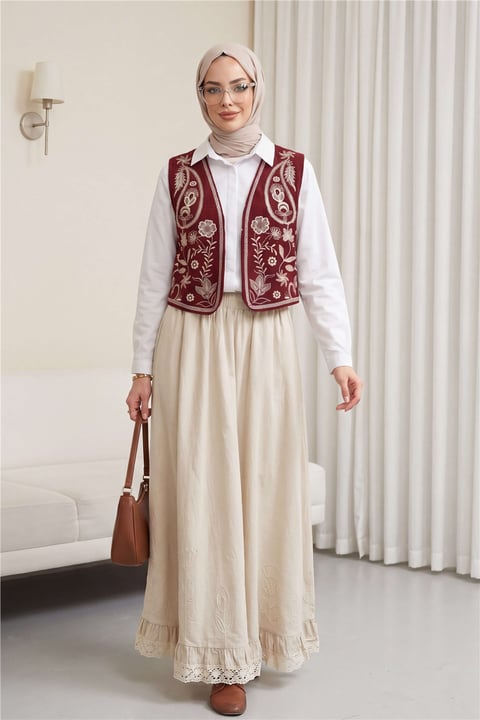 Nakışlı Fitilli Kadife Yelek -Bordo-Yelek-286-2010-R04