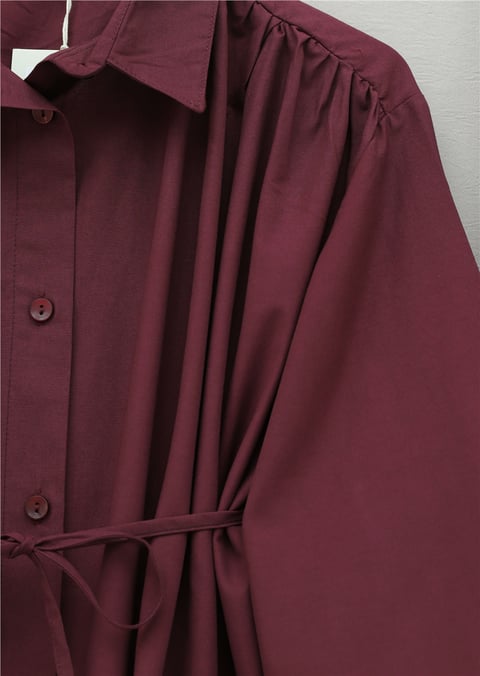 Omuzları Büzgülü Bağcıklı Gömlek Bluz -Bordo-Gömlek-432-25189-R04