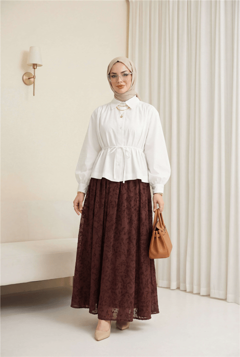 Omuzları Büzgülü Bağcıklı Gömlek Bluz -Beyaz-Gömlek-432-25189-R02