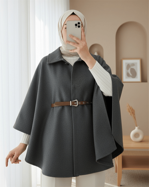 Omuzu Düğmeli Beli Kemerli Kaşe Panço  -Füme-Ceket-349-6070-R18