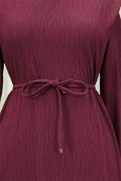 Omuzu Vatkalı Bağcıklı Bürümcük Elbise -Bordo-Elbise-207-24182-R04