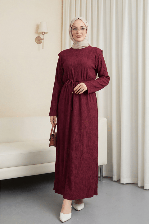 Omuzu Vatkalı Bağcıklı Bürümcük Elbise -Bordo-Elbise-207-24182-R04