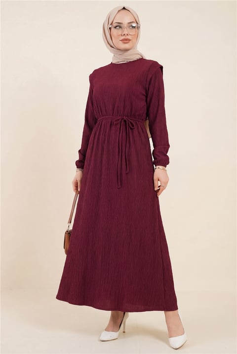 Omuzu Vatkalı Bağcıklı Bürümcük Elbise -Bordo-Elbise-207-24182-R04