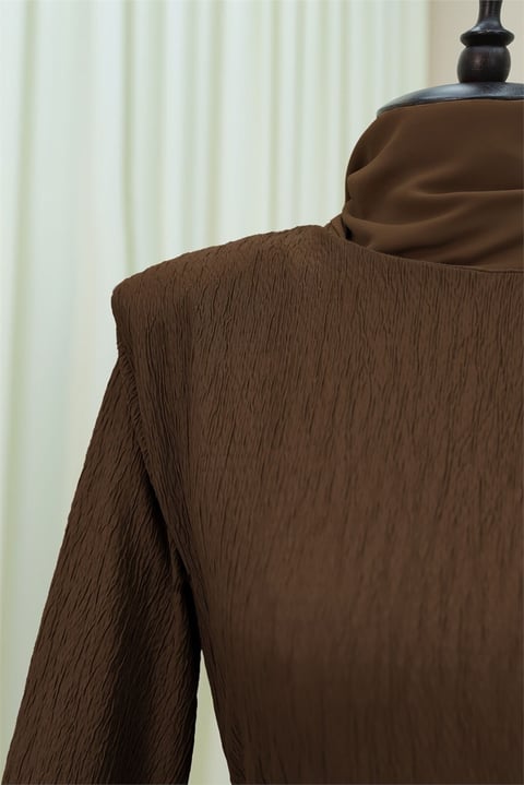 Omuzu Vatkalı Bağcıklı Bürümcük Elbise -Kahve-Elbise-207-24182-R15