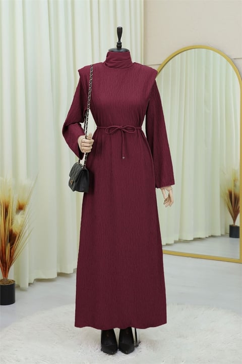 Omuzu Vatkalı Bağcıklı Bürümcük Elbise -Bordo-Elbise-207-24182-R04