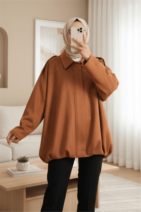 Omzu Apoletli Önü Fermuarlı Astarlı Süet Ceket -Taba-Ceket-111-50775-R12
