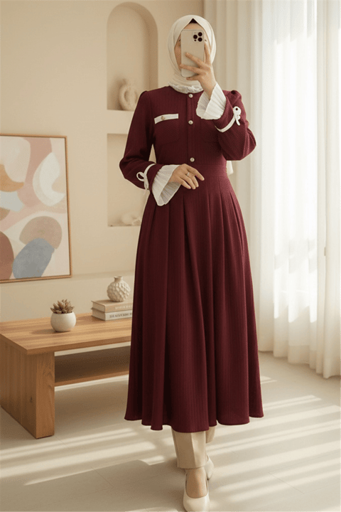 Omzu Vatkalı Kolu Bağcıklı Düğme Detaylı Cepli Pliseli Elbise -Bordo-Elbise-428-8419-R04