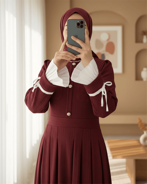 Omzu Vatkalı Kolu Bağcıklı Düğme Detaylı Cepli Pliseli Elbise -Bordo-Elbise-428-8419-R04