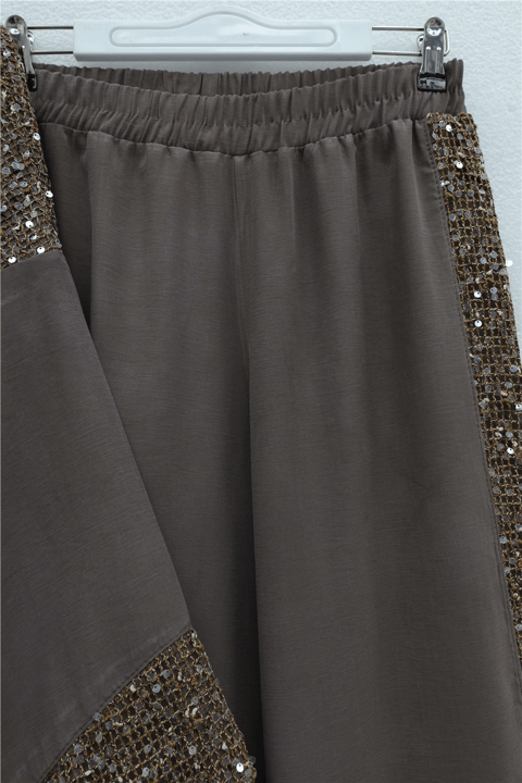 Omzu Ve Kolu Pul Payet Kemerli Pantolonlu Keten Kimono Takım  -Toprak-Takım-448-312-R55