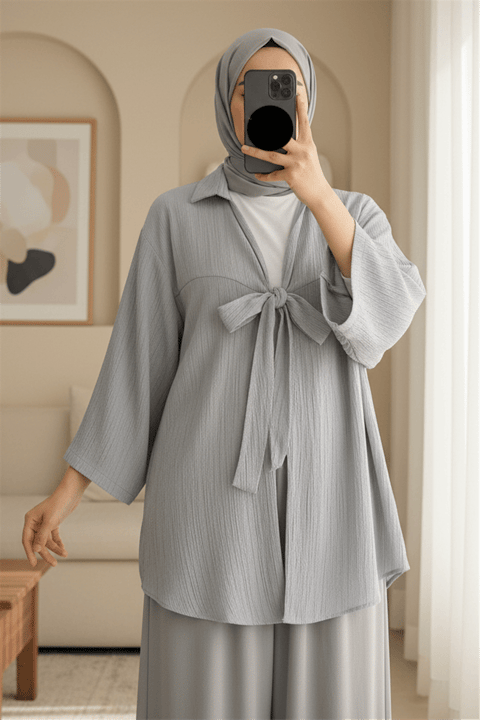 Önden Bağlamalı Krınkıl Kimono  -Gri-Kimono&Kaftan-253-12986-R11