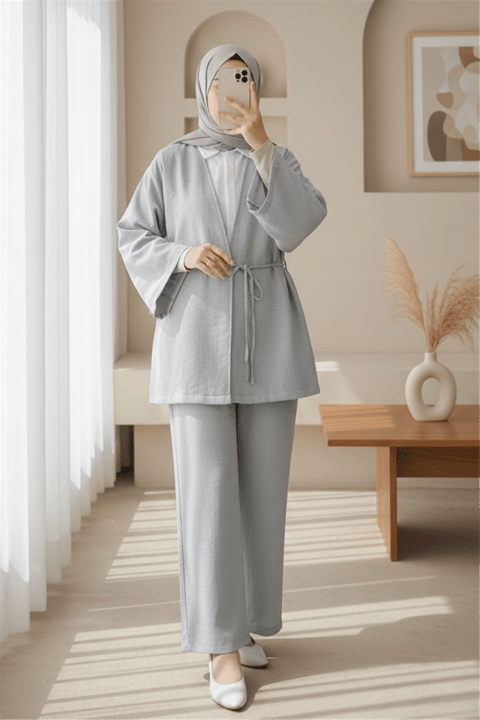 Önden Bağlamalı Pantolonlu Kimono Takım         -Açık Gri-Takım-223-3000-R41