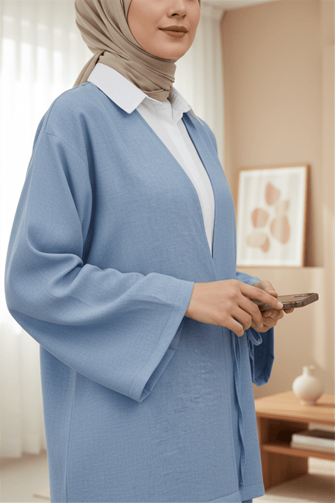 Önden Bağlamalı Pantolonlu Kimono Takım        -Mavi-Takım-223-3000-R31