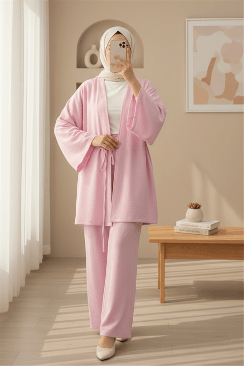 Önden Bağlamalı Pantolonlu Kimono Takım         -Pembe-Takım-223-3000-R20
