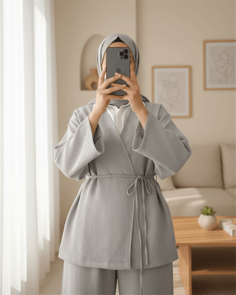 Önden Bağlamalı Pantolonlu Kimono Takım         -Açık Gri-Takım-223-3000-R41