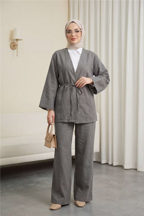 Önden Bağlamalı Pantolonlu Kimono Takım         -Antrasit-Takım-223-3000-R64