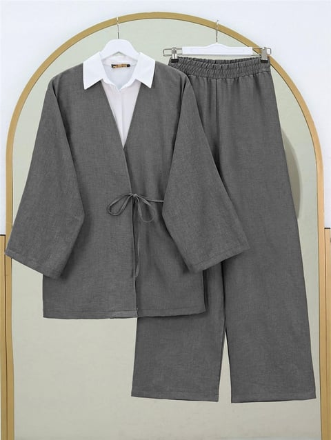 Önden Bağlamalı Pantolonlu Kimono Takım         -Antrasit-Takım-223-3000-R64
