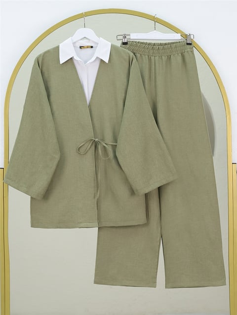 Önden Bağlamalı Pantolonlu Kimono Takım   -Haki-Takım-223-3000-R05