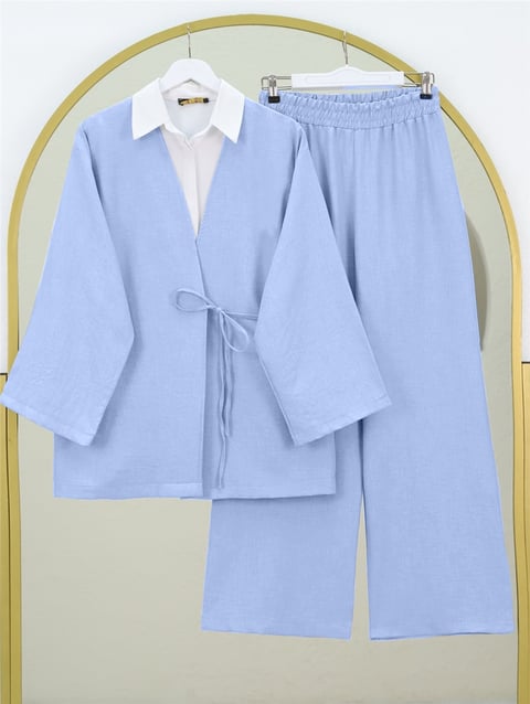Önden Bağlamalı Pantolonlu Kimono Takım   -Bebe Mavi-Takım-223-3000-R32