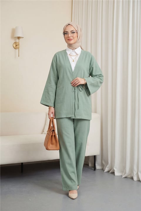 Önden Bağlamalı Pantolonlu Kimono Takım       -Su Yeşili-Takım-223-3000-R36