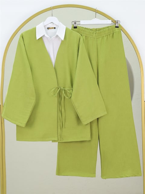 Önden Bağlamalı Pantolonlu Kimono Takım -Yağ Yeşili-Takım-223-3000-R72
