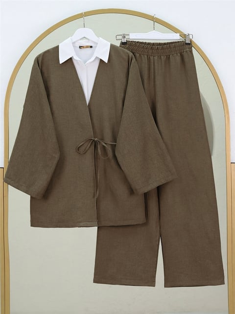 Önden Bağlamalı Pantolonlu Kimono Takım    -Kahve-Takım-223-3000-R15